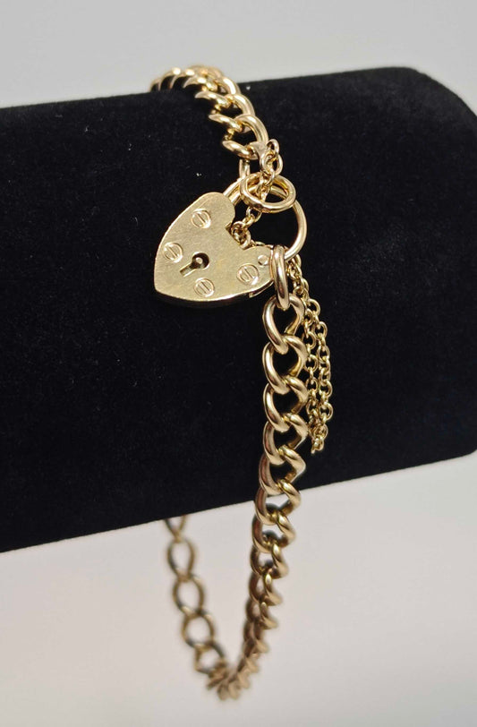Vintage Padlock Heart Bracelet 9ct Yellow Gold Charm Curb Link 7.8 inches