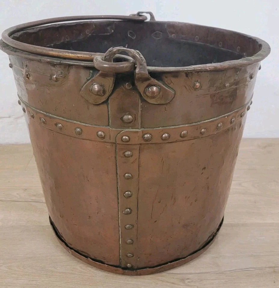 Victorian Coal Bucket Bin Large Copper Handle Rivets Antique Postage Available