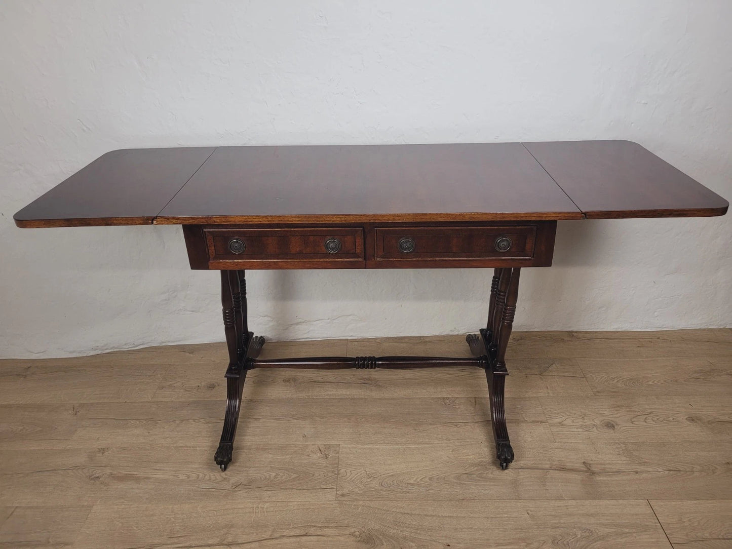 Drop Leaf Side Table Drawers Mahogany Castors Vintage 1940s Delivery Available
