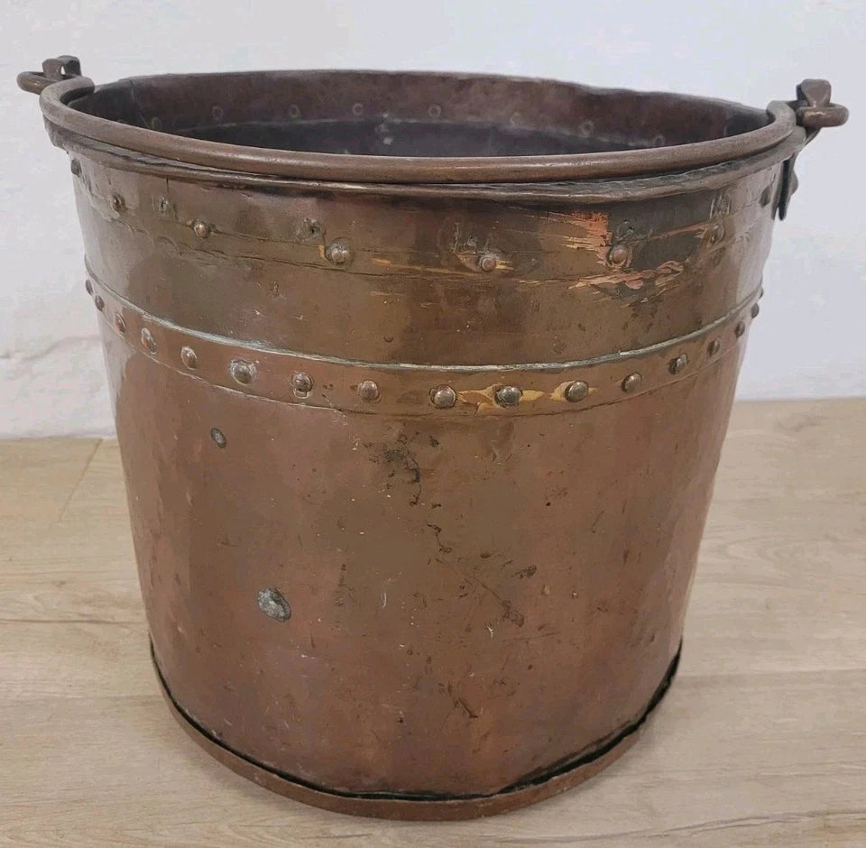 Victorian Coal Bucket Bin Large Copper Handle Rivets Antique Postage Available