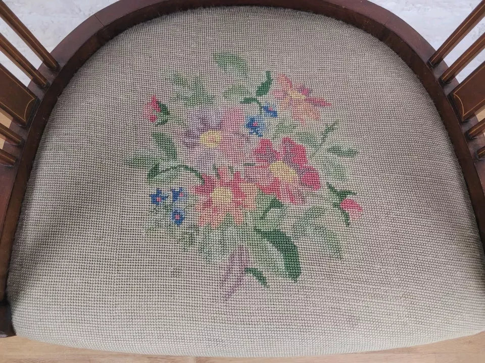Edwardian Hoop Tub Armchair English Inlaid Floral Upholstered Postage Available