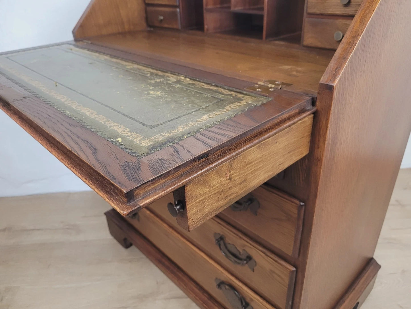 Oak Writing Bureau Desk Vintage Leather Mid Century Carved Delivery Available