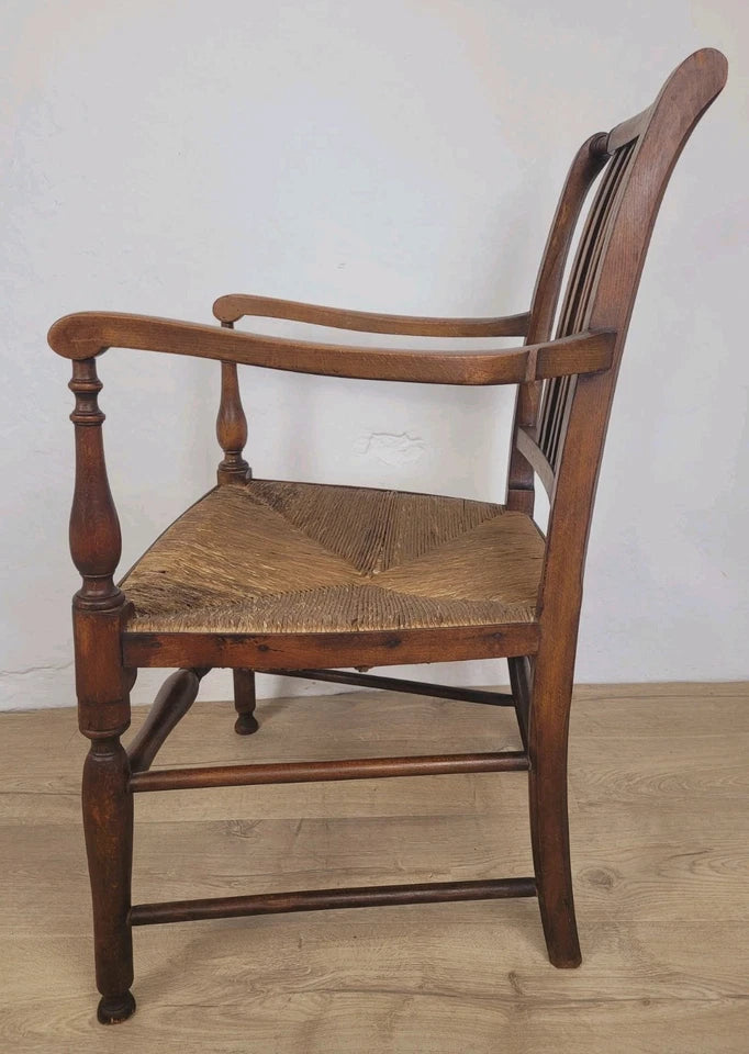 19th Century Armchair Ash & Elm Country Rush Seat Antique Postage Available