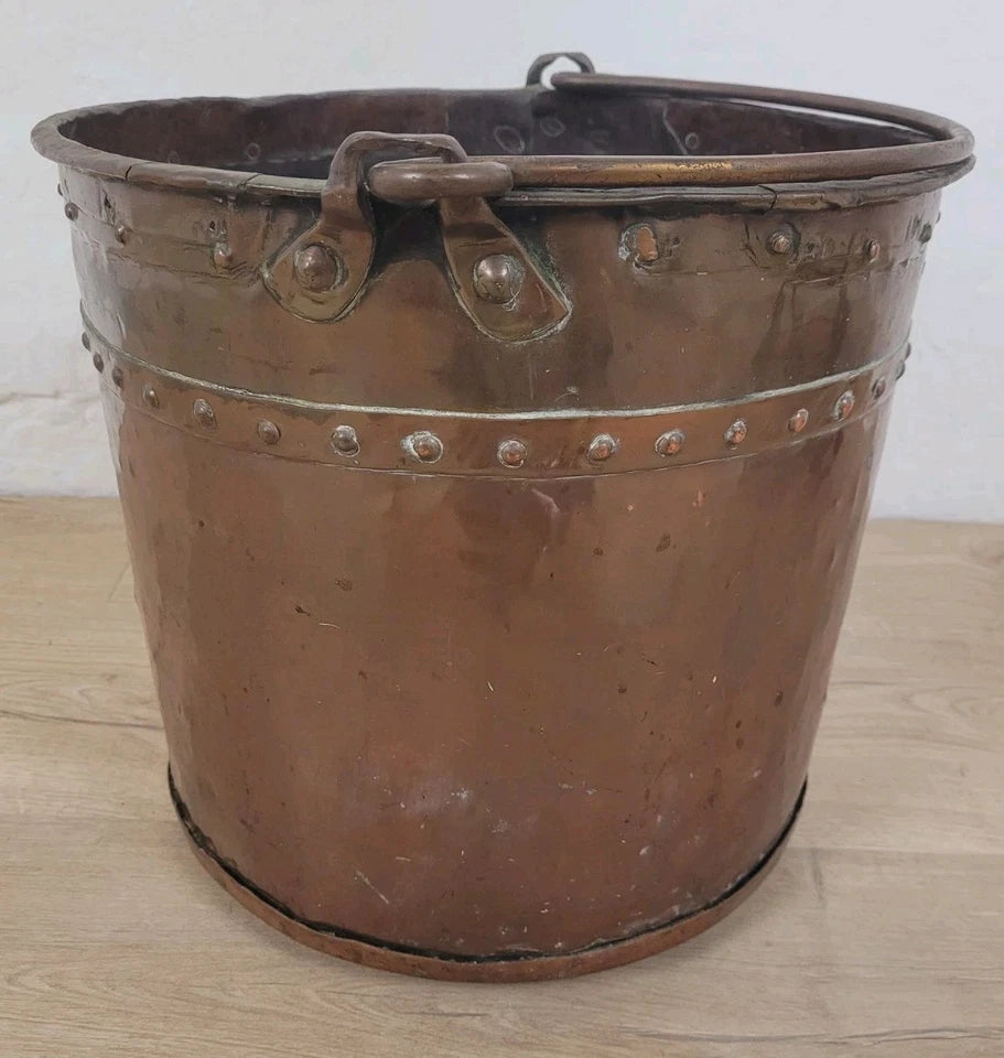 Victorian Coal Bucket Bin Large Copper Handle Rivets Antique Postage Available