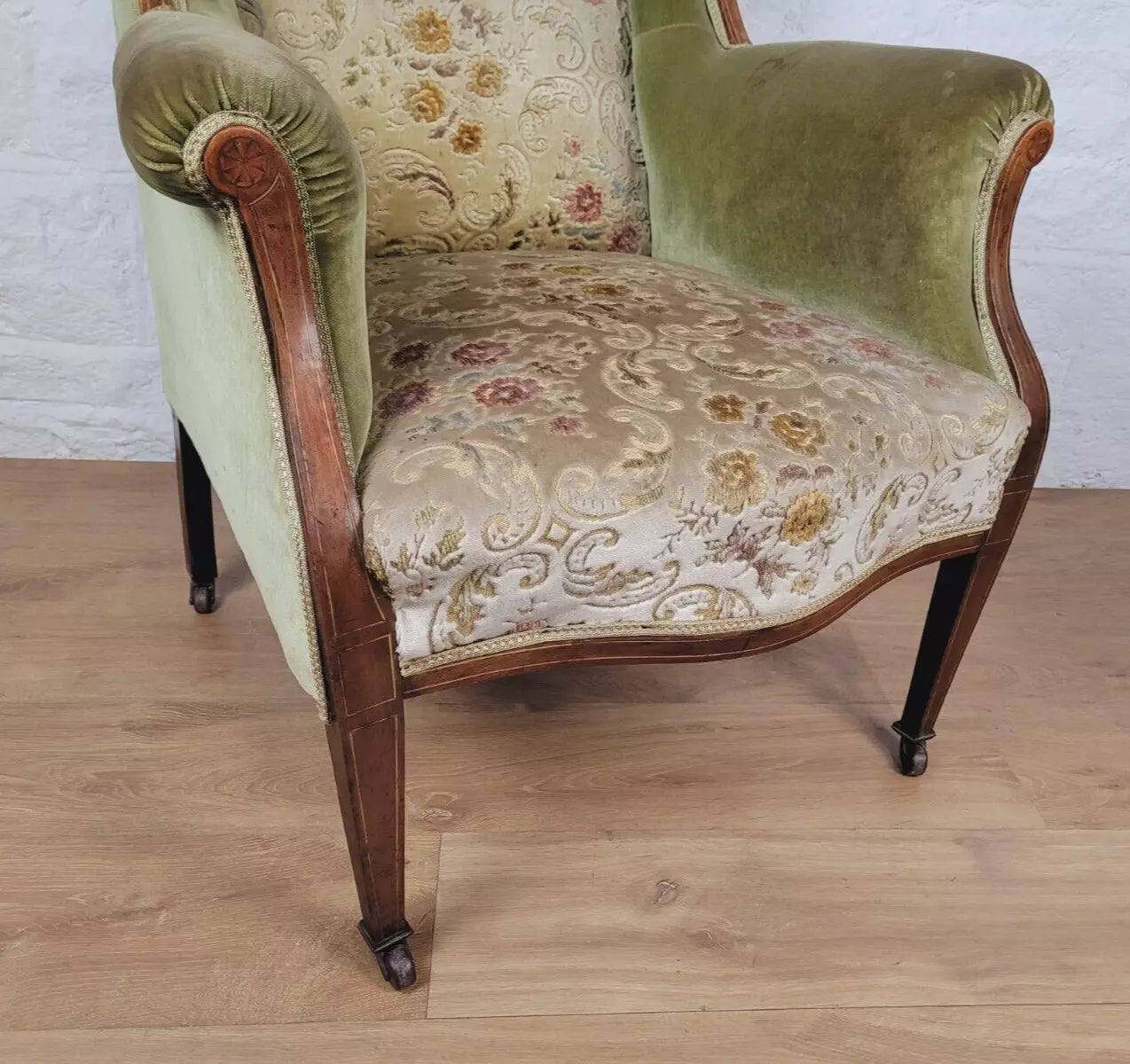 Edwardian Armchair Wing Back Patera Inlaid Castors Upholster Delivery Available