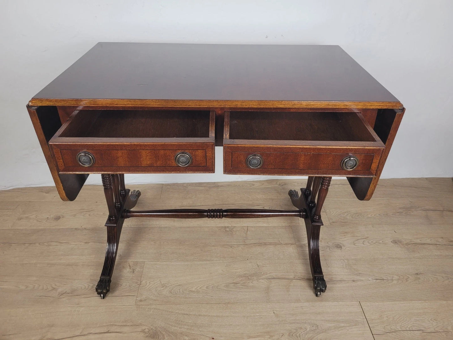 Drop Leaf Side Table Drawers Mahogany Castors Vintage 1940s Delivery Available