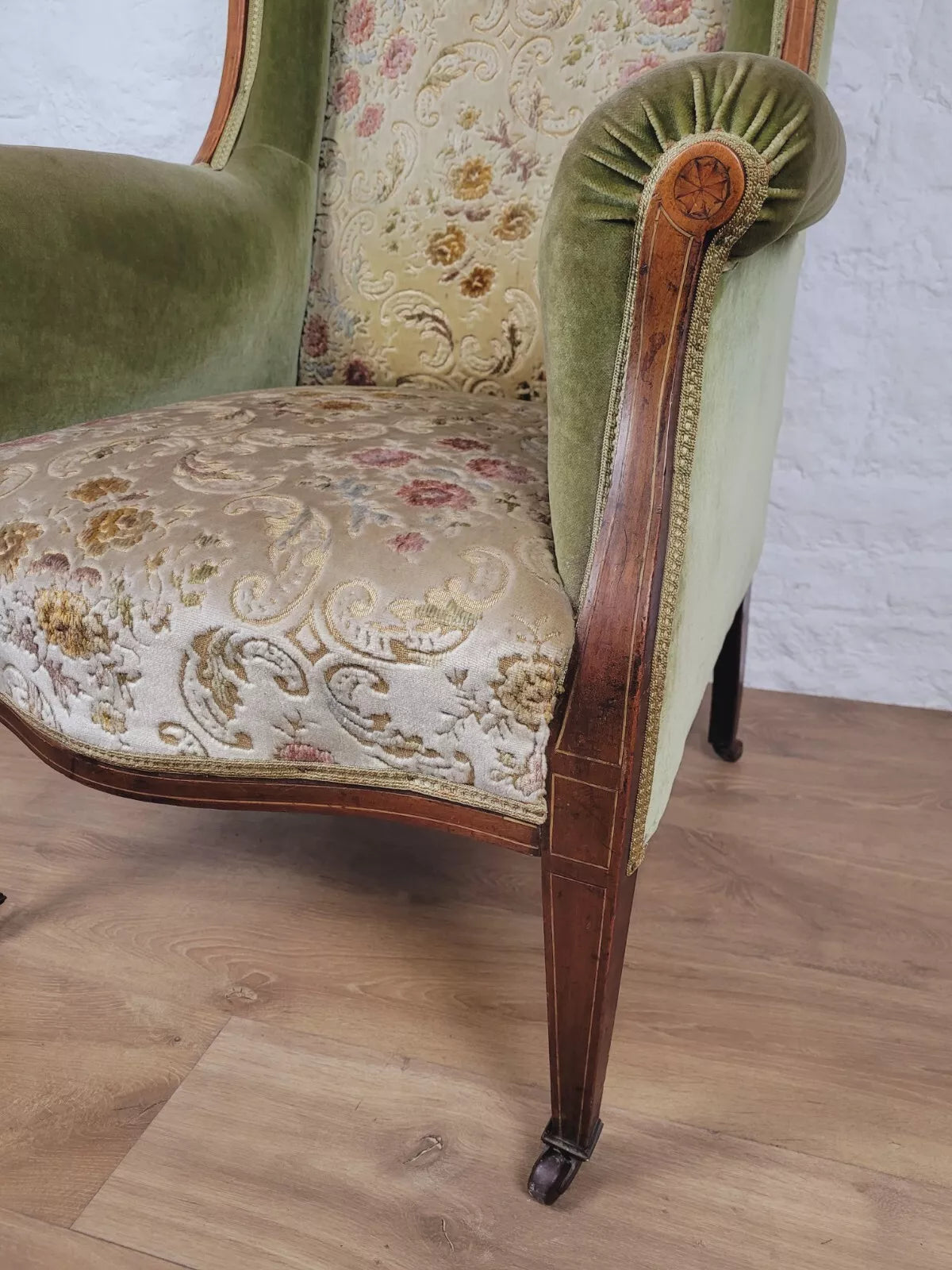 Edwardian Armchair Wing Back Patera Inlaid Castors Upholster Delivery Available
