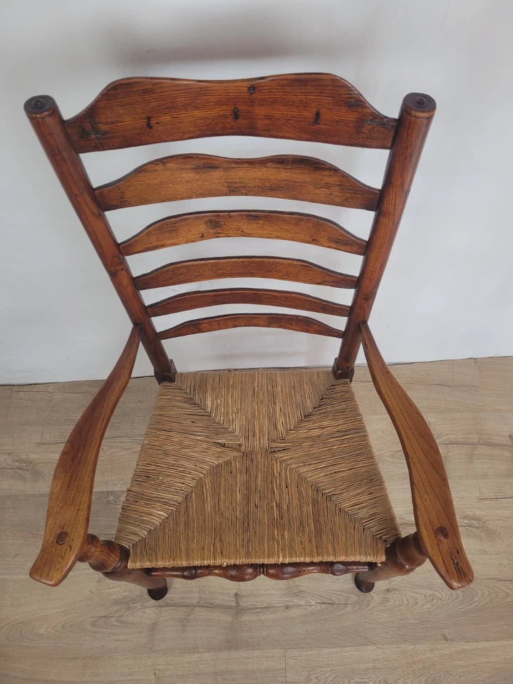 Ladderback Armchair Elm 19th Century Country Rush Seat Antique Postage Available