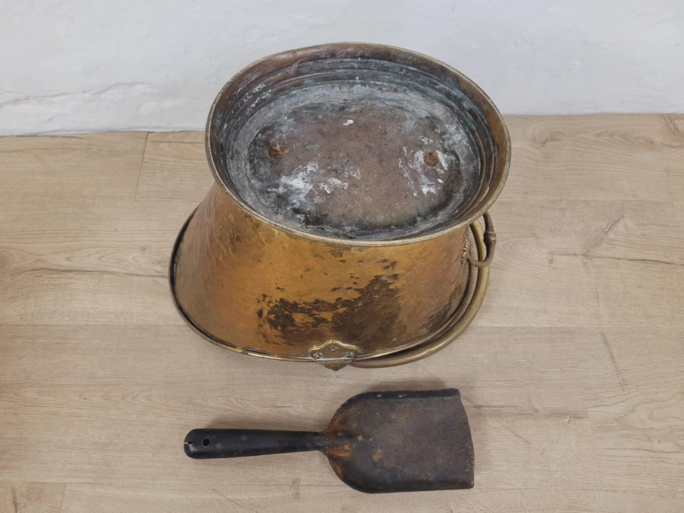 Victorian Brass Coal Scuttle Bucket Shovel 19thC Antique Postage Available