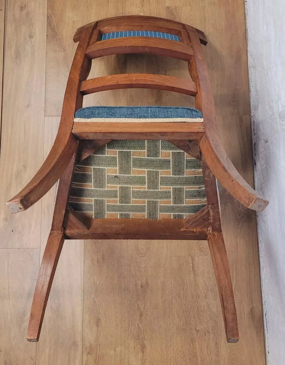 Vintage Fruitwood Armchair High Back Large Upholstered Blue Postage Available