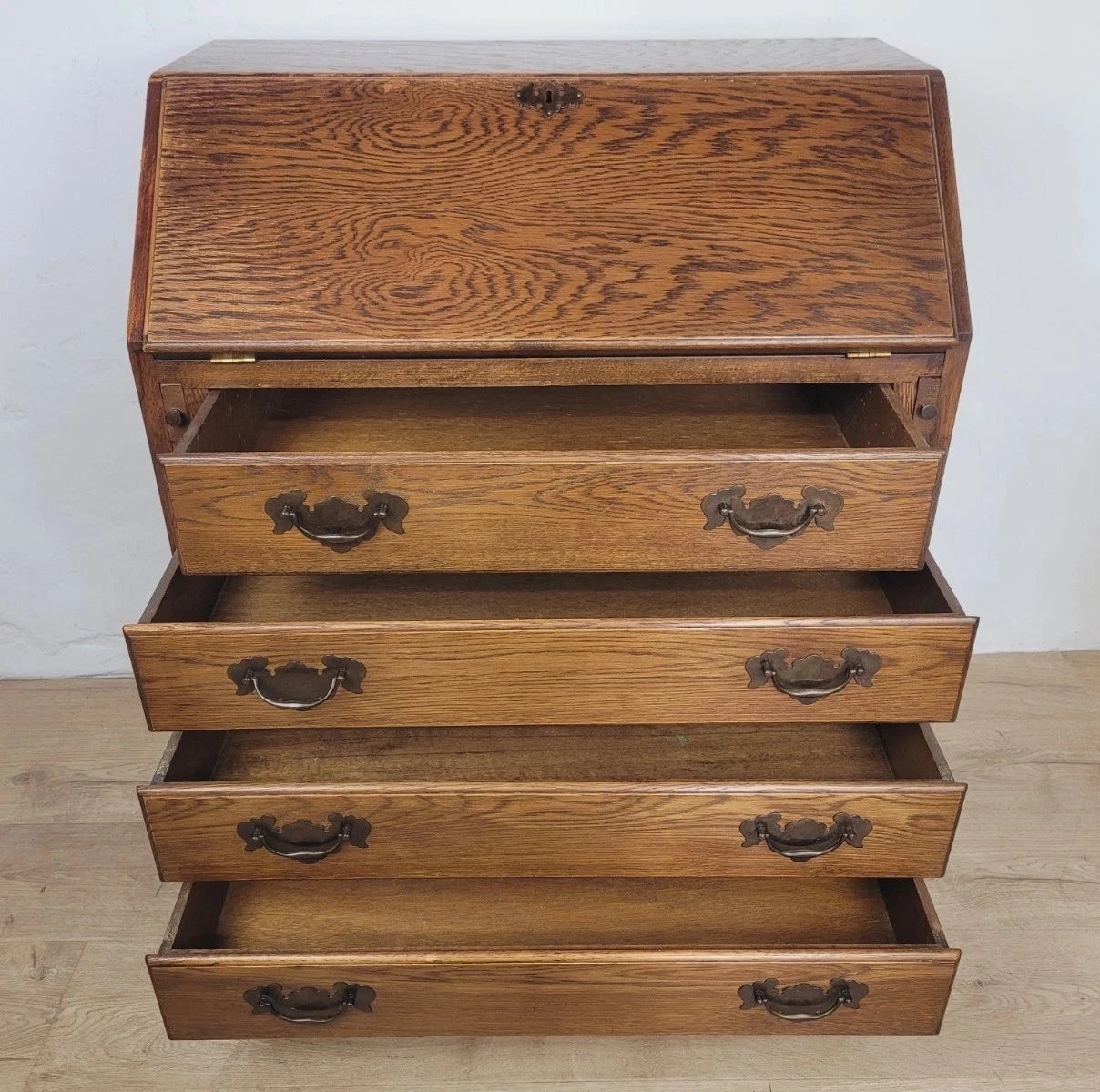 Oak Writing Bureau Desk Vintage Leather Mid Century Carved Delivery Available