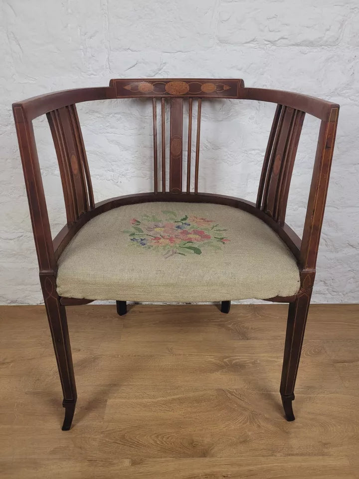 Edwardian Hoop Tub Armchair English Inlaid Floral Upholstered Postage Available
