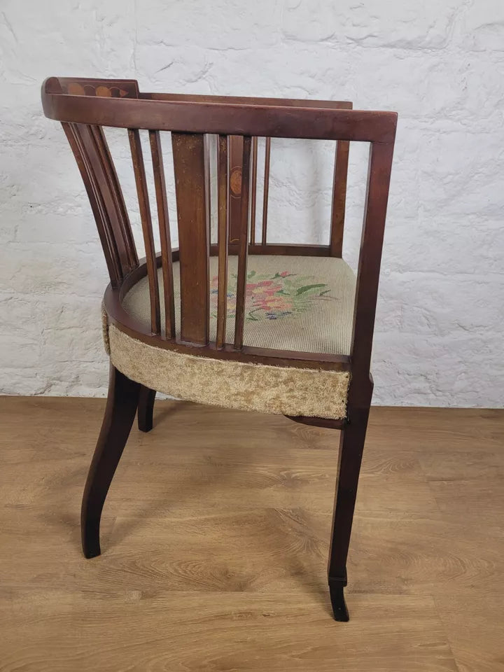 Edwardian Hoop Tub Armchair English Inlaid Floral Upholstered Postage Available