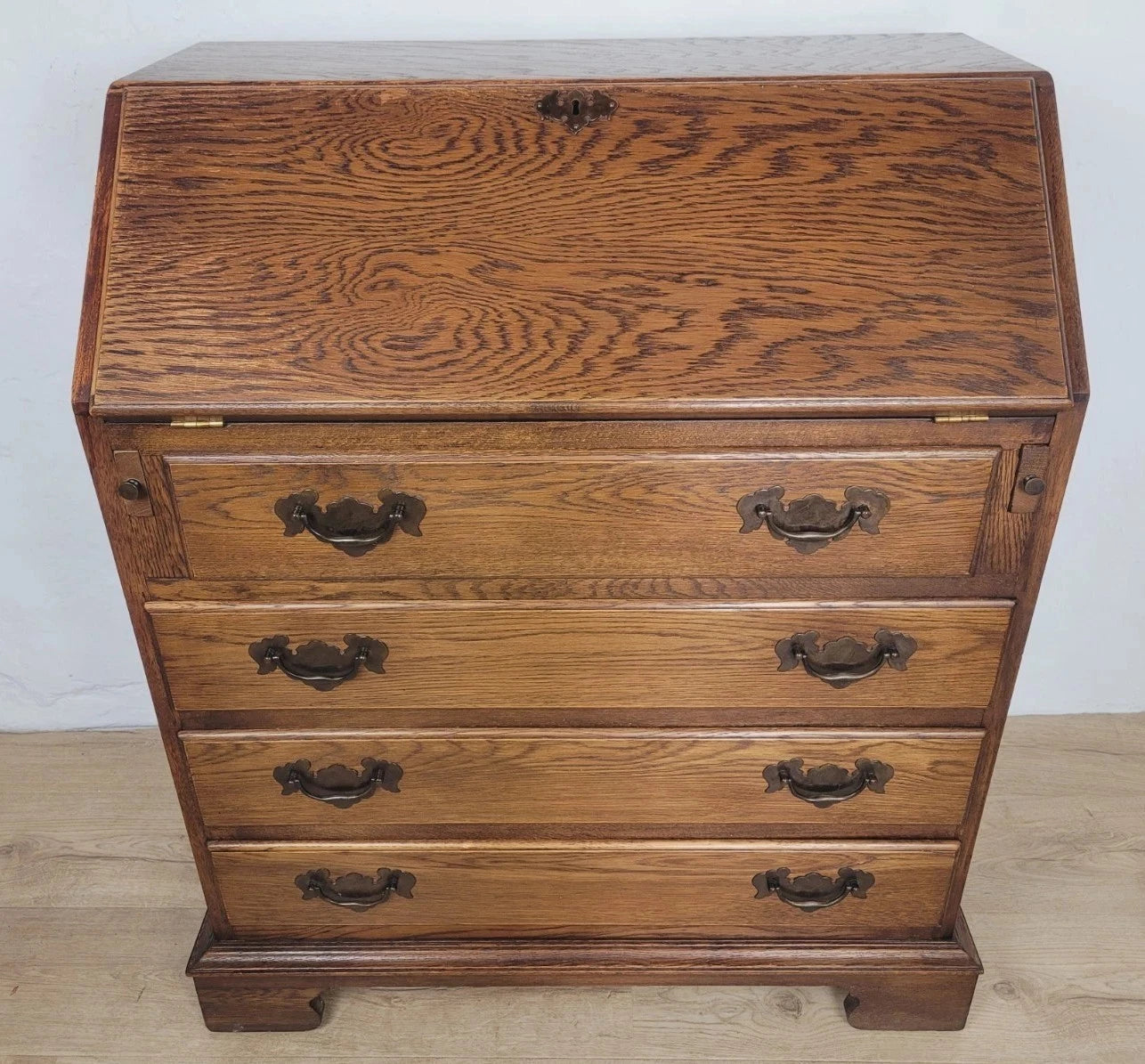 Oak Writing Bureau Desk Vintage Leather Mid Century Carved Delivery Available