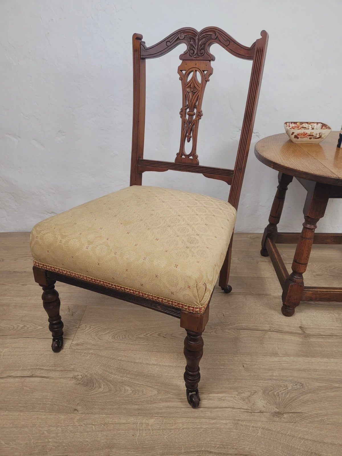 Edwardian Nursing Chair Carved Castors Upholstery Floral Postage Available