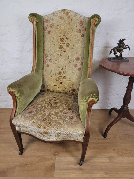 Edwardian Armchair Wing Back Patera Inlaid Castors Upholster Delivery Available
