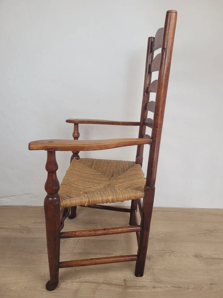 Ladderback Armchair Elm 19th Century Country Rush Seat Antique Postage Available