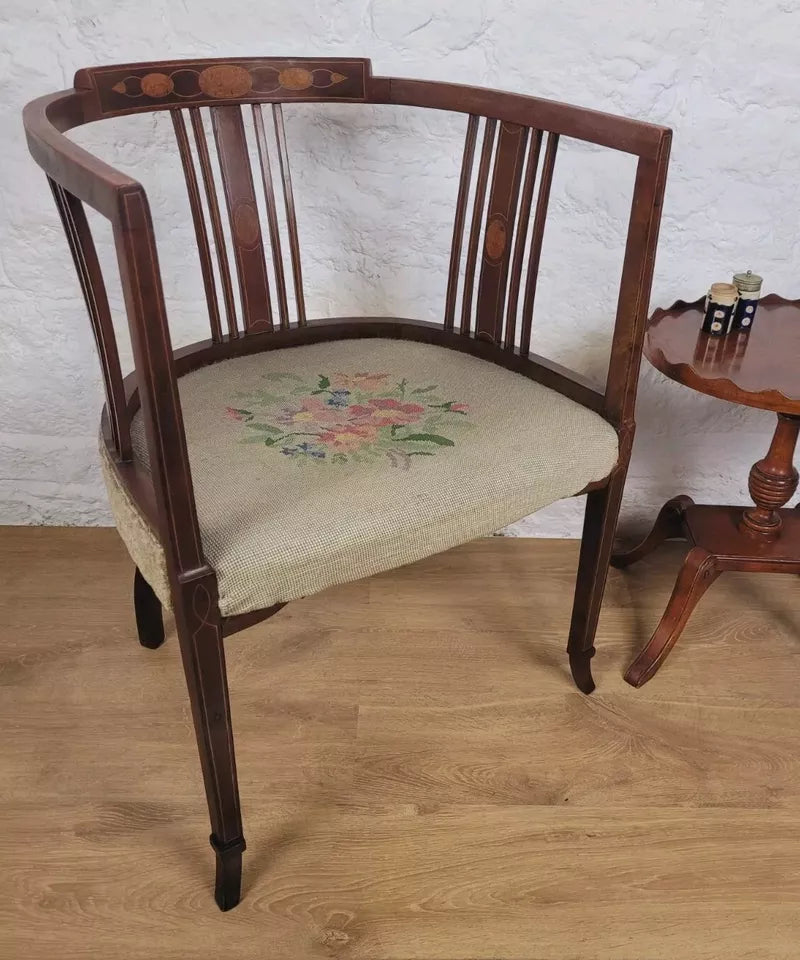 Edwardian Hoop Tub Armchair English Inlaid Floral Upholstered Postage Available
