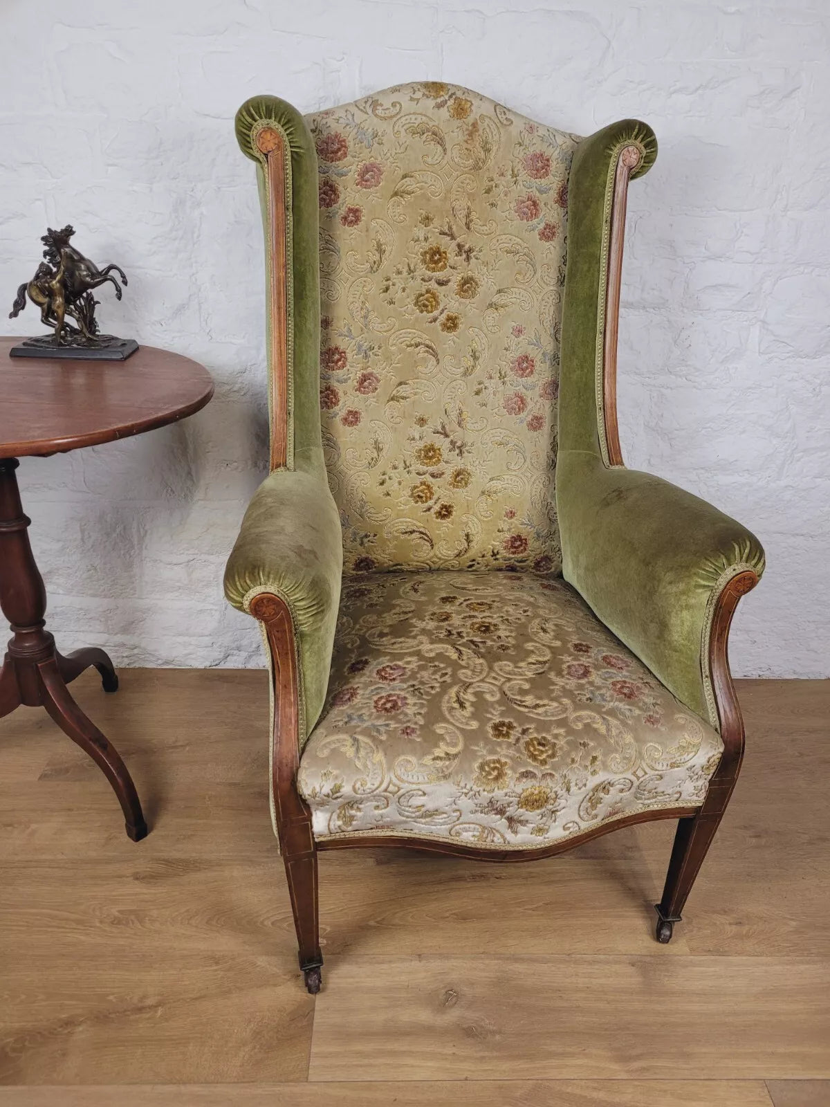 Edwardian Armchair Wing Back Patera Inlaid Castors Upholster Delivery Available