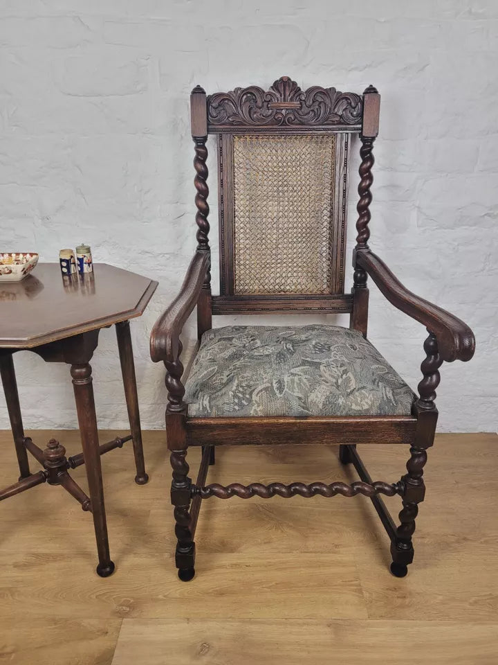 Victorian Barley Twist Armchair Carved Oak Antique Upholstered Postage Available
