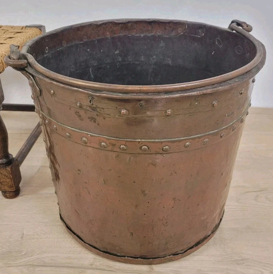 Victorian Coal Bucket Bin Large Copper Handle Rivets Antique Postage Available