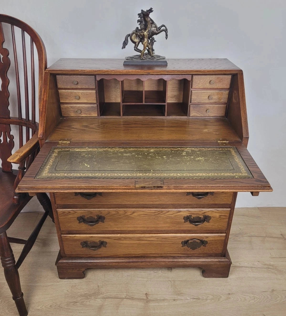 Oak Writing Bureau Desk Vintage Leather Mid Century Carved Delivery Available
