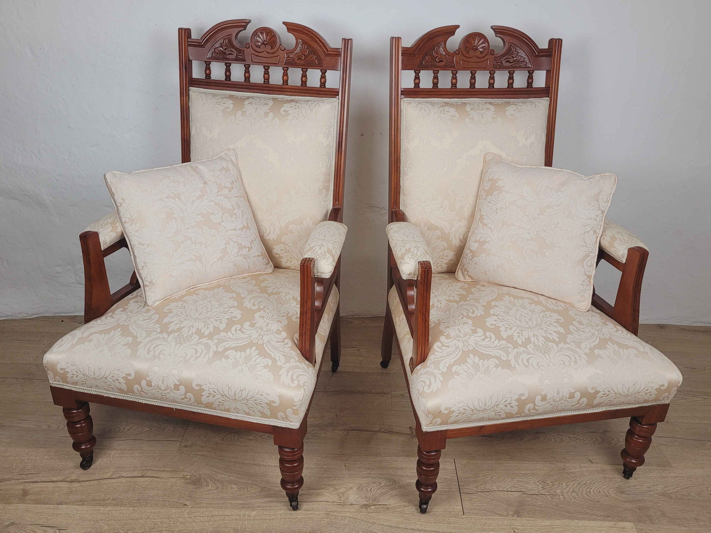 Pair of Vintage Armchairs Castors Floral Upholstery Reprod Delivery Available