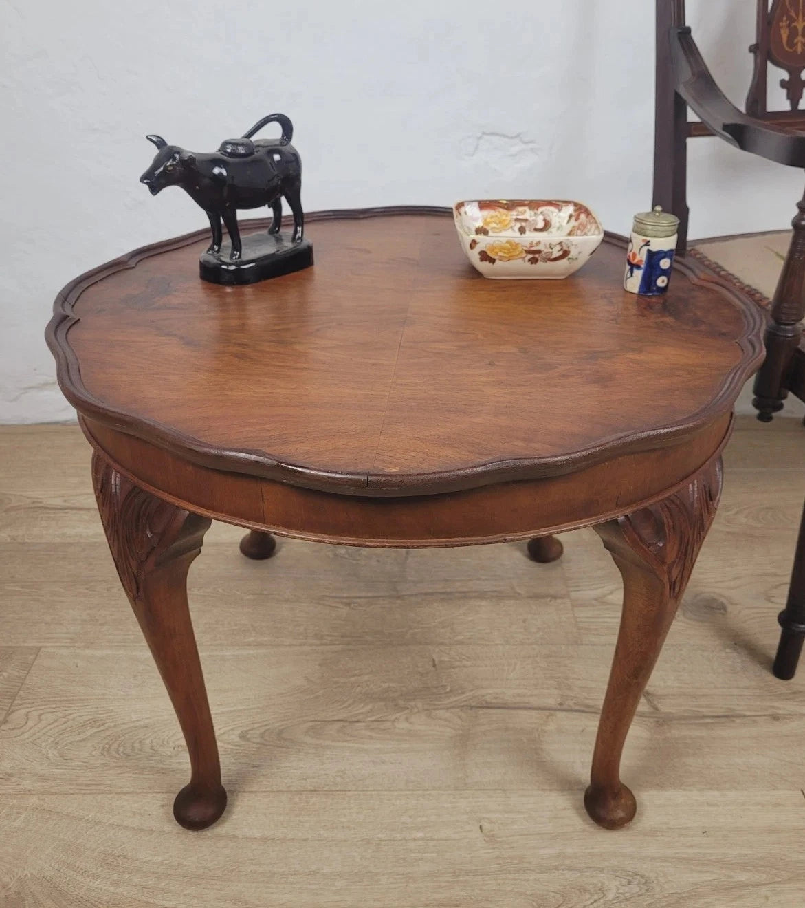 Walnut Coffee Side Table Circular Scalloped Cabriole Carved Postage Available