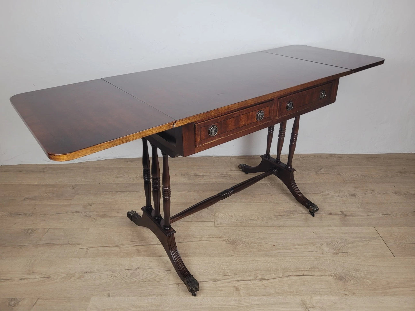 Drop Leaf Side Table Drawers Mahogany Castors Vintage 1940s Delivery Available
