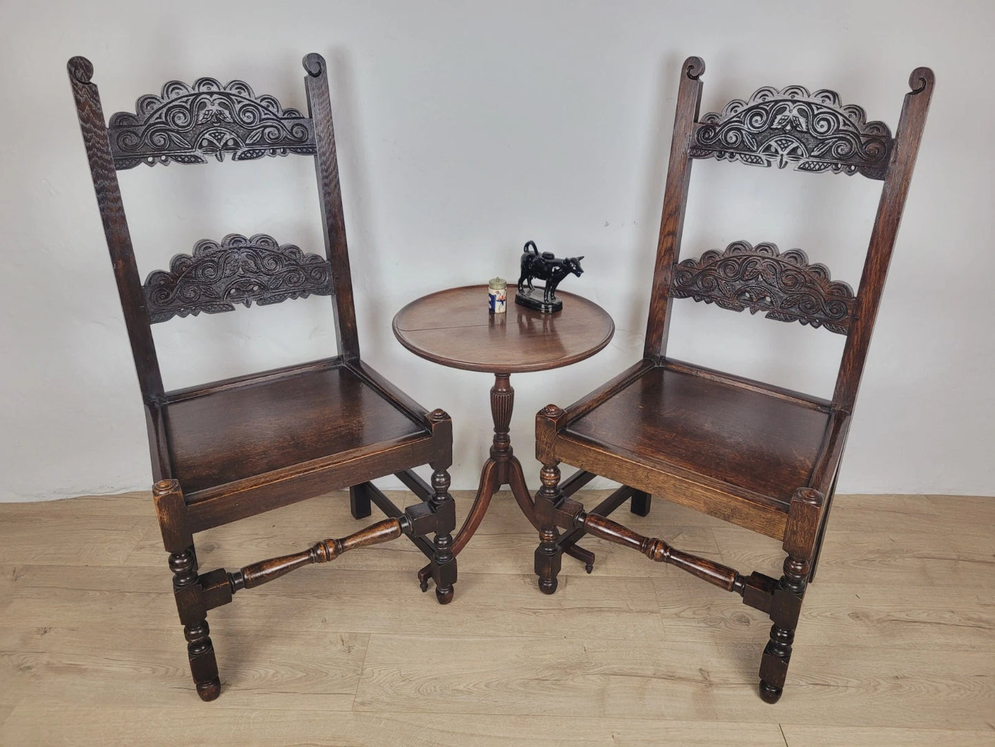 Yorkshire Side Chairs Pair Carved Farmhouse Vintage 1950s Delivery Available