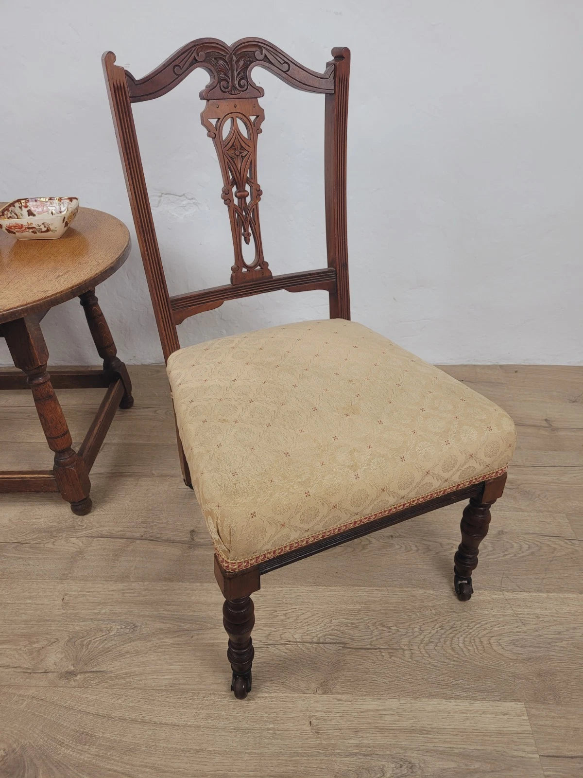 Edwardian Nursing Chair Carved Castors Upholstery Floral Postage Available