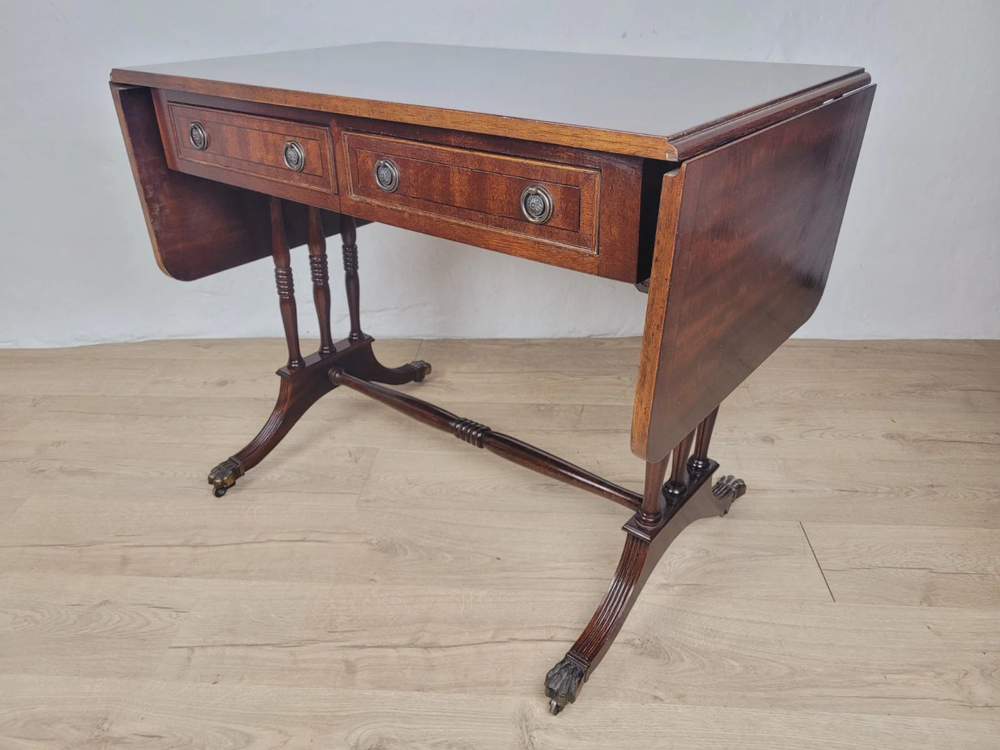 Drop Leaf Side Table Drawers Mahogany Castors Vintage 1940s Delivery Available