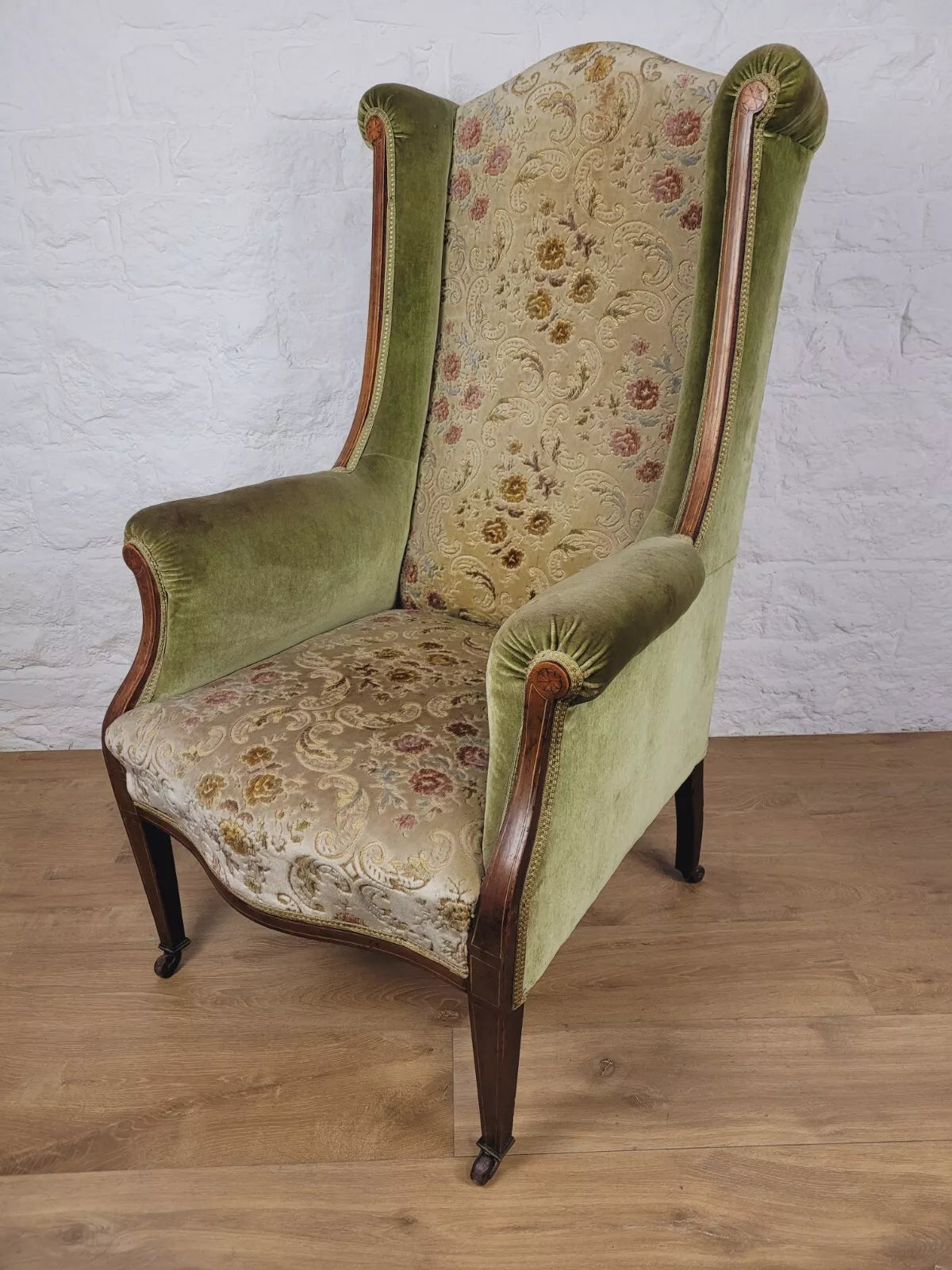 Edwardian Armchair Wing Back Patera Inlaid Castors Upholster Delivery Available