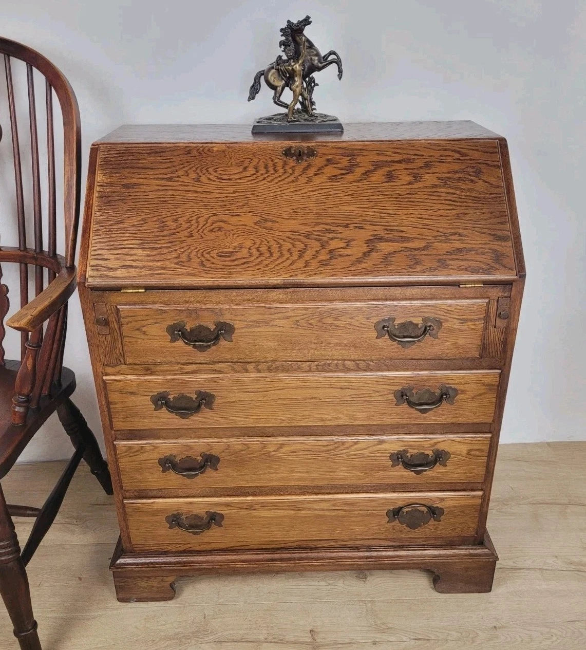 Oak Writing Bureau Desk Vintage Leather Mid Century Carved Delivery Available