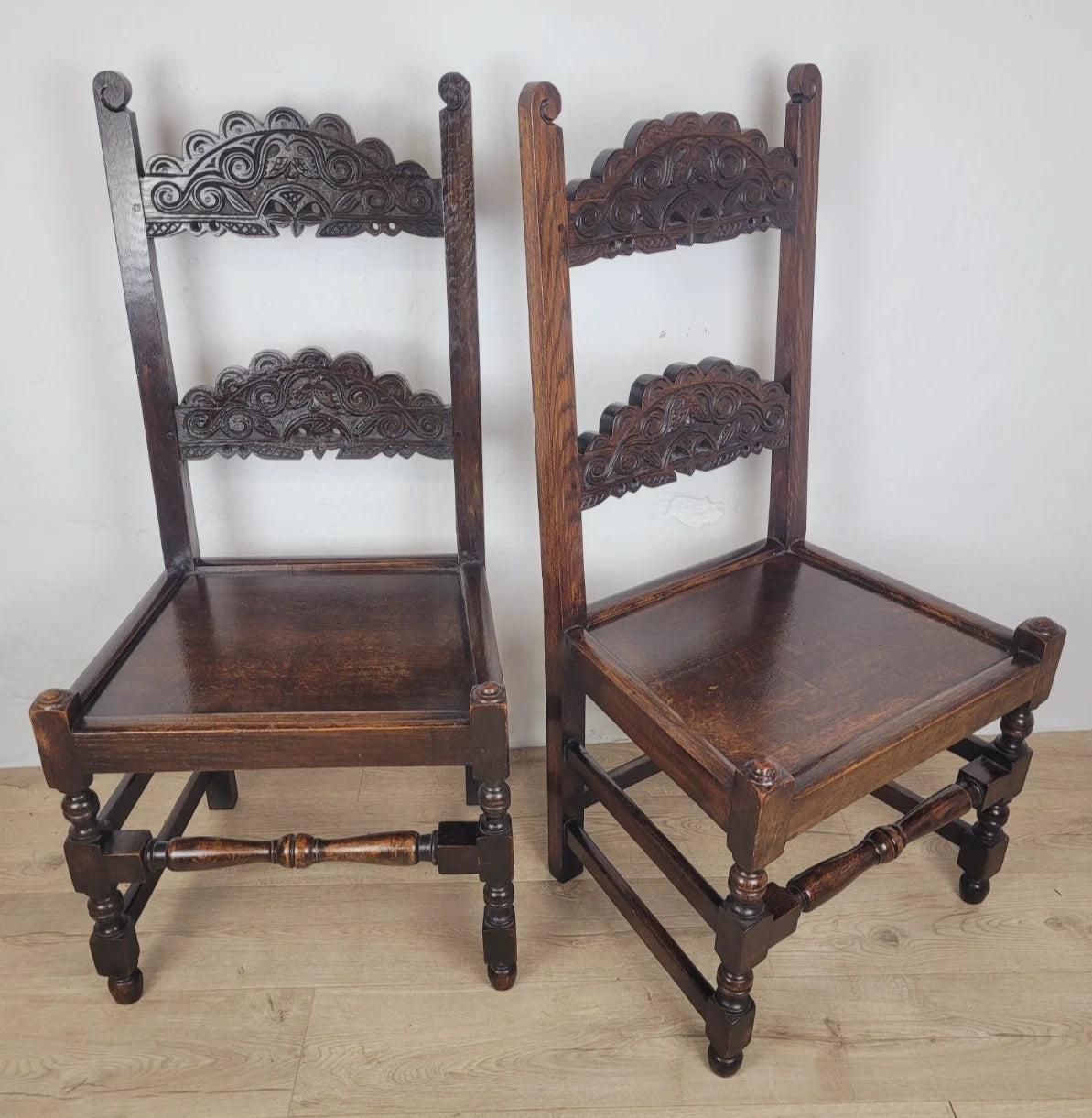 Yorkshire Side Chairs Pair Carved Farmhouse Vintage 1950s Delivery Available