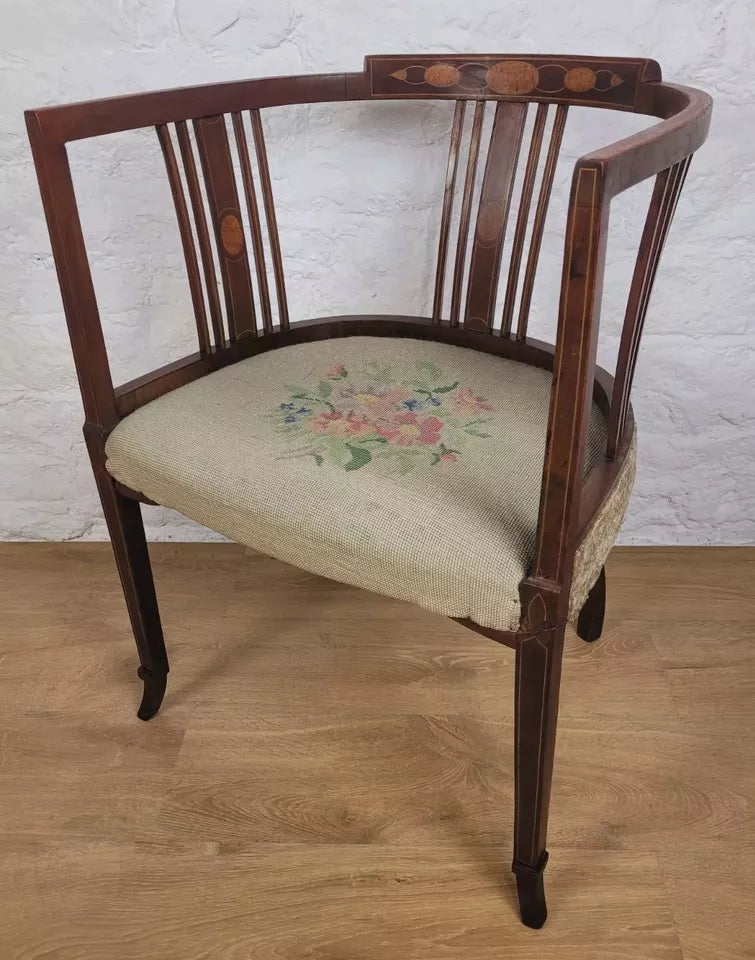 Edwardian Hoop Tub Armchair English Inlaid Floral Upholstered Postage Available