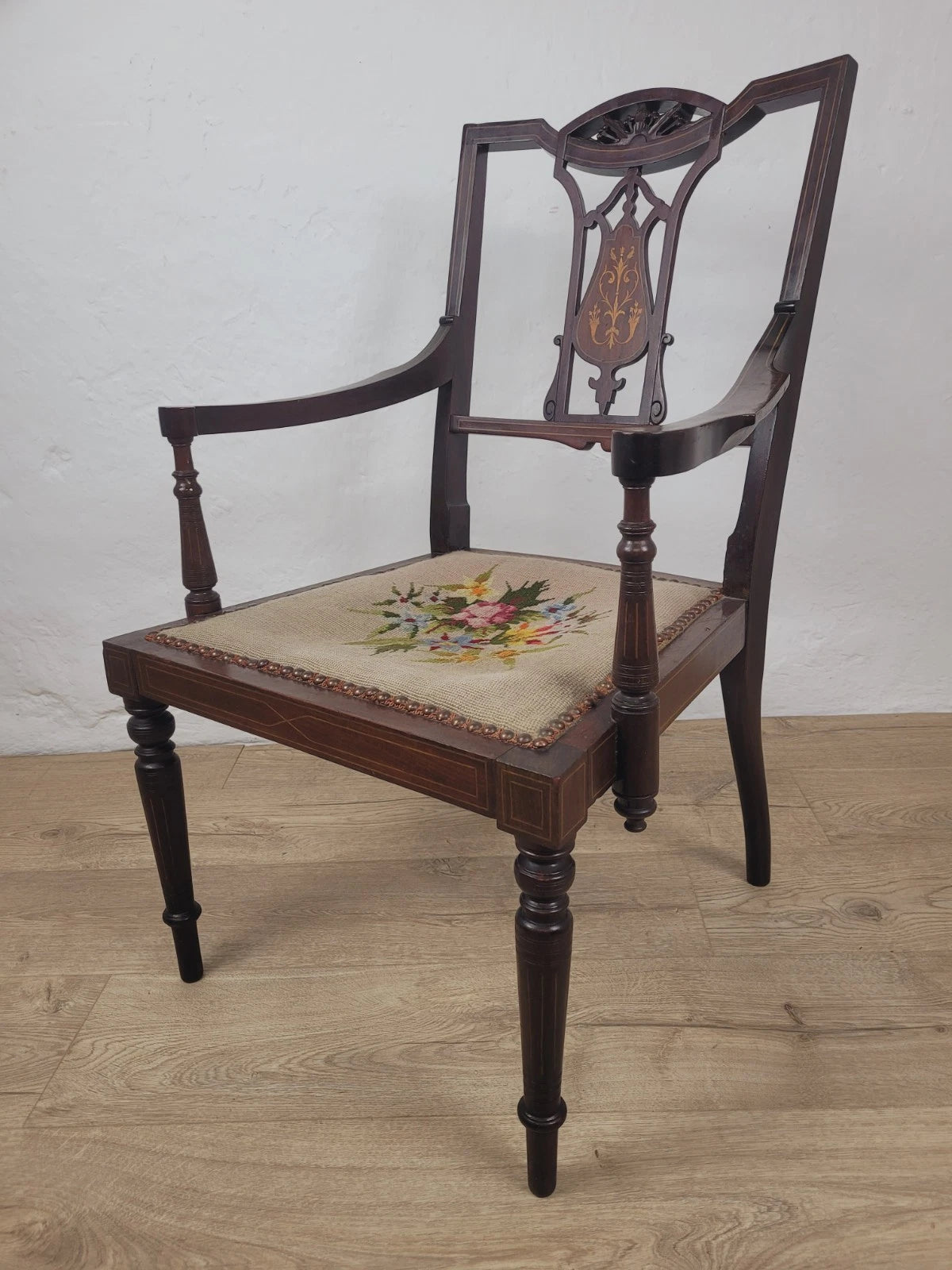 Edwardian Armchair Bedroom Inlaid Motif Carved Floral Postage Available