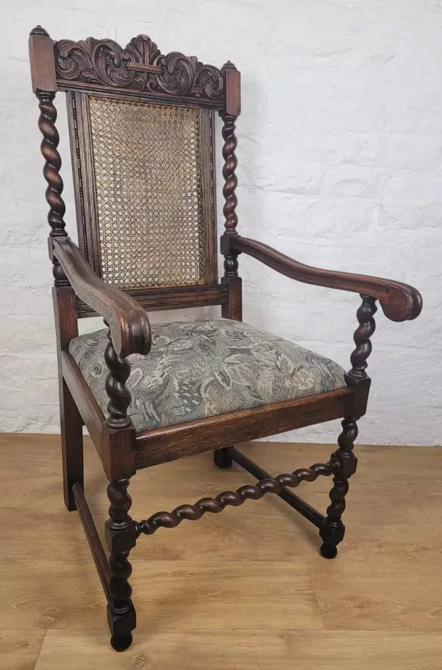 Victorian Barley Twist Armchair Carved Oak Antique Upholstered Postage Available