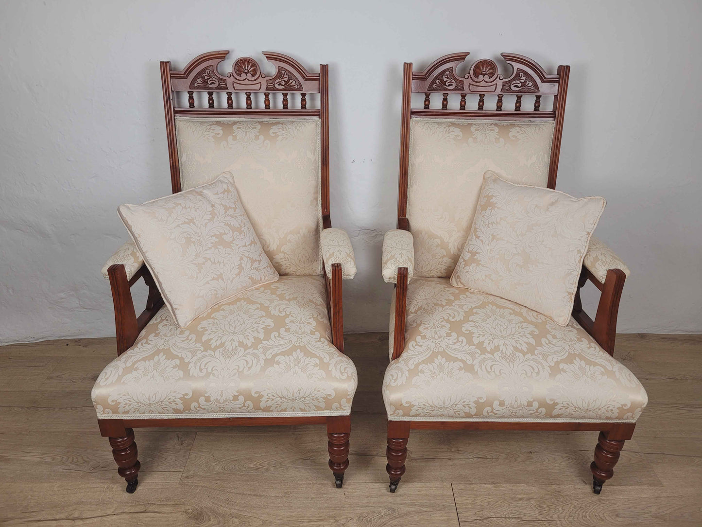 Pair of Vintage Armchairs Castors Floral Upholstery Reprod Delivery Available