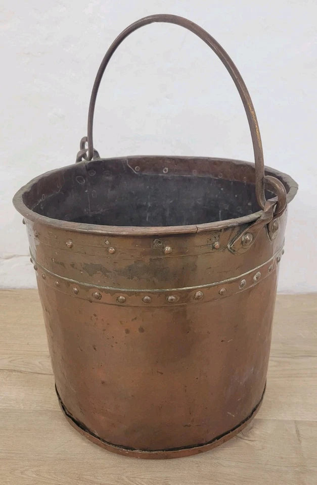 Victorian Coal Bucket Bin Large Copper Handle Rivets Antique Postage Available