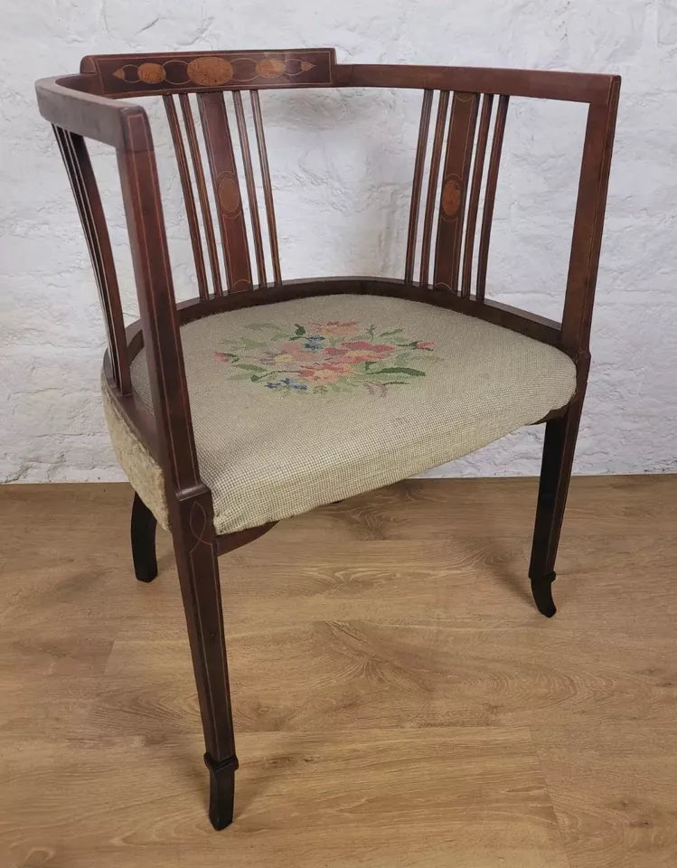 Edwardian Hoop Tub Armchair English Inlaid Floral Upholstered Postage Available