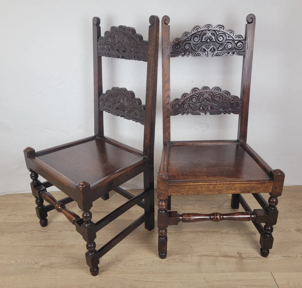 Yorkshire Side Chairs Pair Carved Farmhouse Vintage 1950s Delivery Available