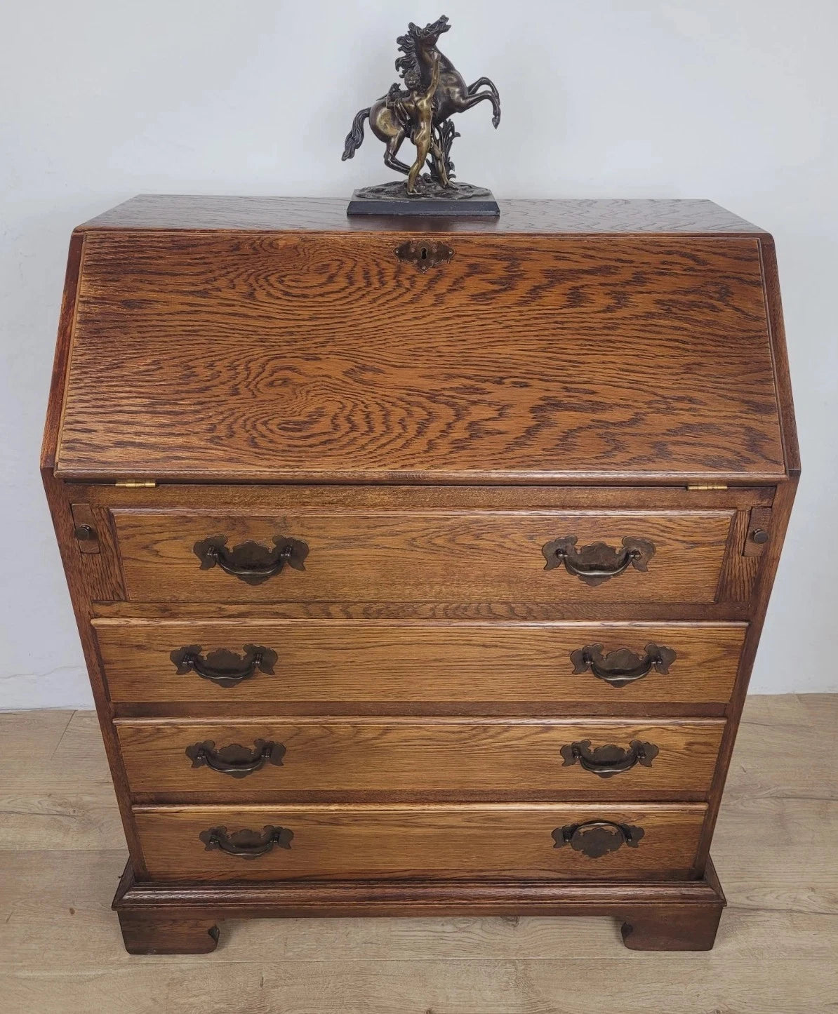 Oak Writing Bureau Desk Vintage Leather Mid Century Carved Delivery Available