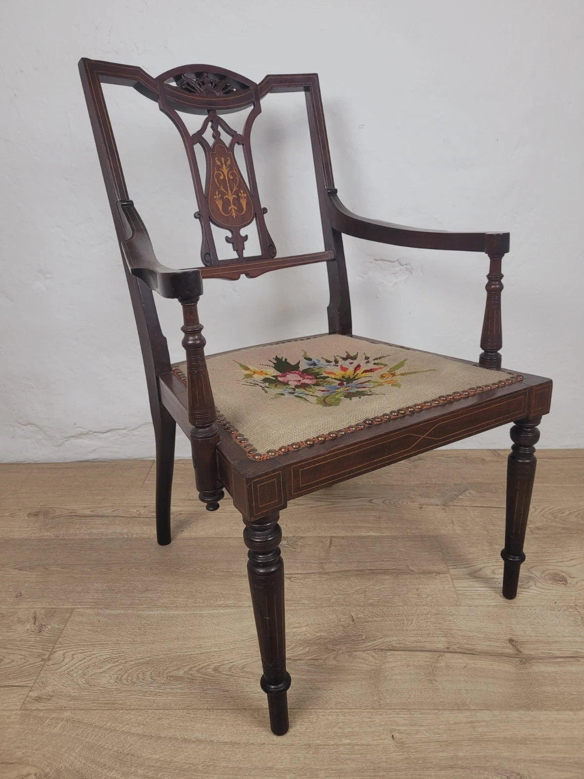 Edwardian Armchair Bedroom Inlaid Motif Carved Floral Postage Available