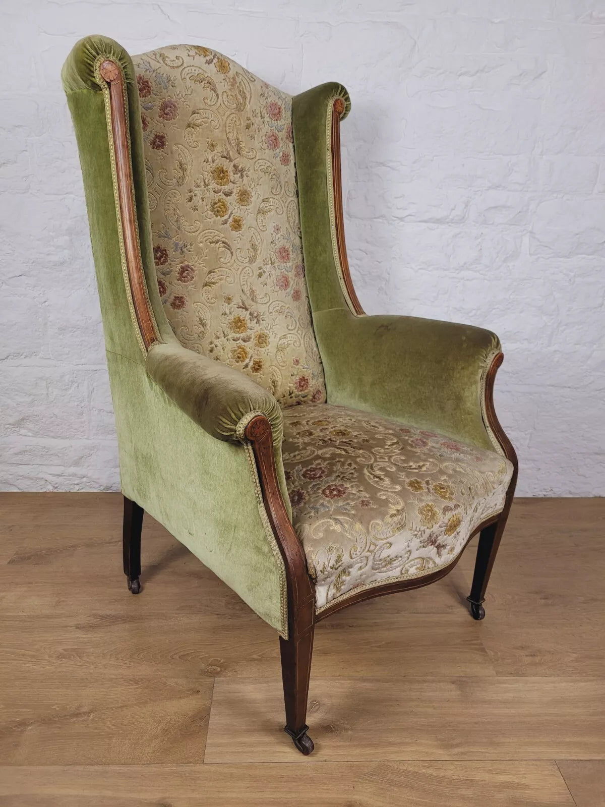 Edwardian Armchair Wing Back Patera Inlaid Castors Upholster Delivery Available