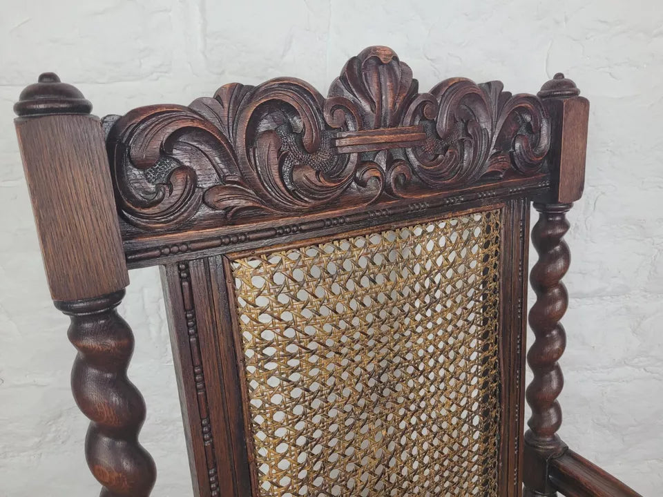 Victorian Barley Twist Armchair Carved Oak Antique Upholstered Postage Available