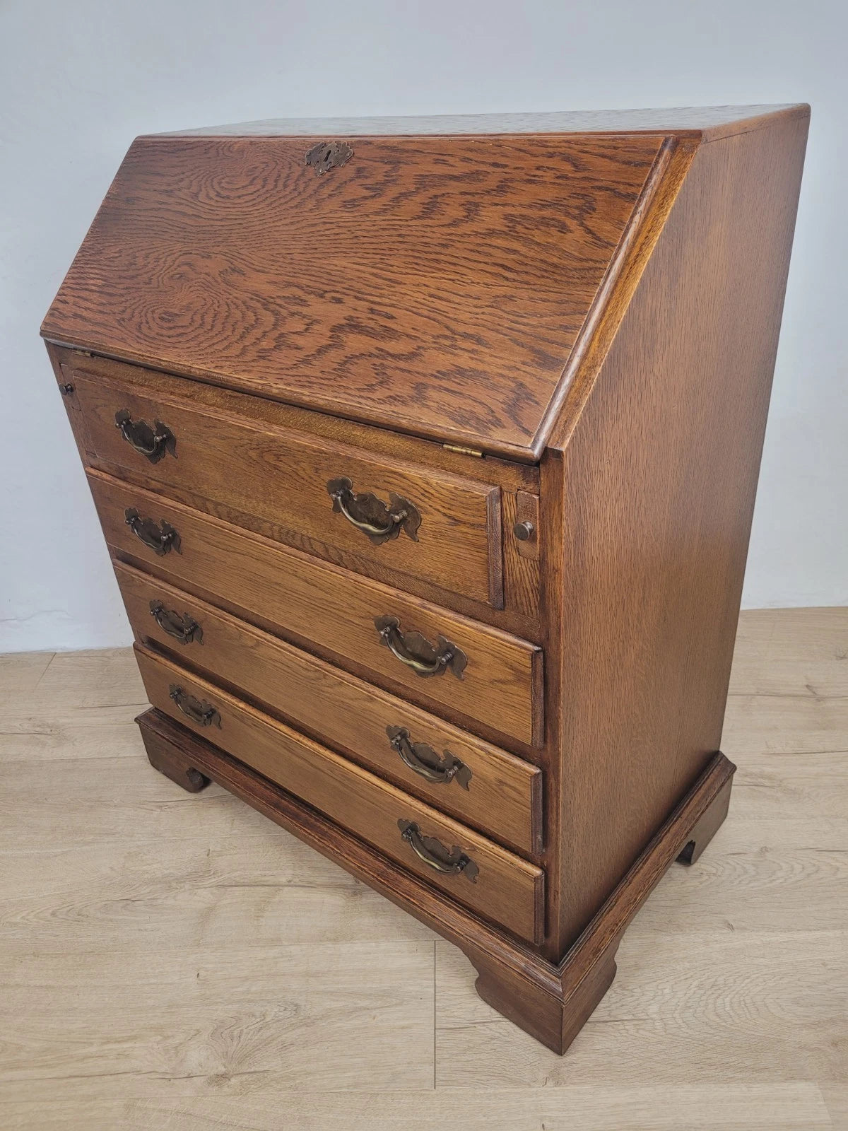Oak Writing Bureau Desk Vintage Leather Mid Century Carved Delivery Available
