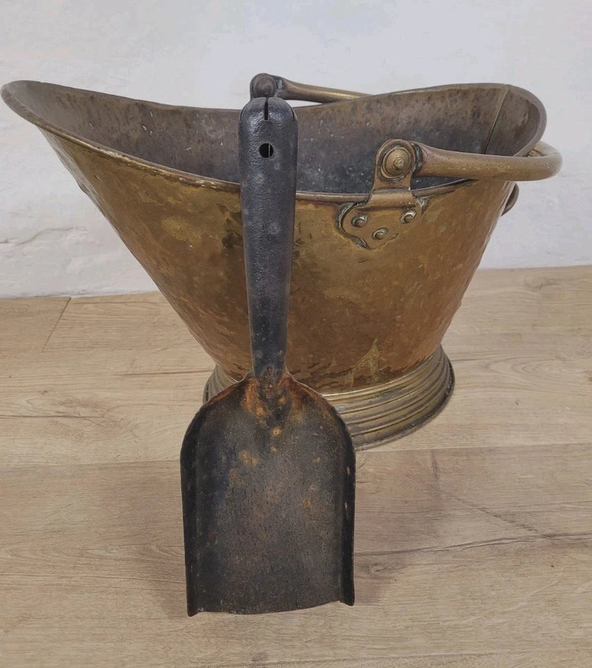 Victorian Brass Coal Scuttle Bucket Shovel 19thC Antique Postage Available