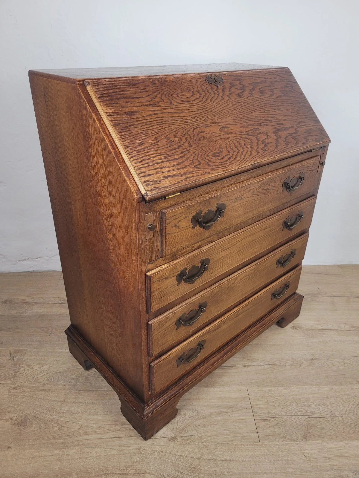Oak Writing Bureau Desk Vintage Leather Mid Century Carved Delivery Available