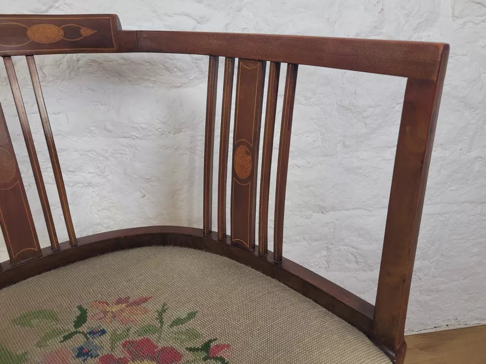 Edwardian Hoop Tub Armchair English Inlaid Floral Upholstered Postage Available